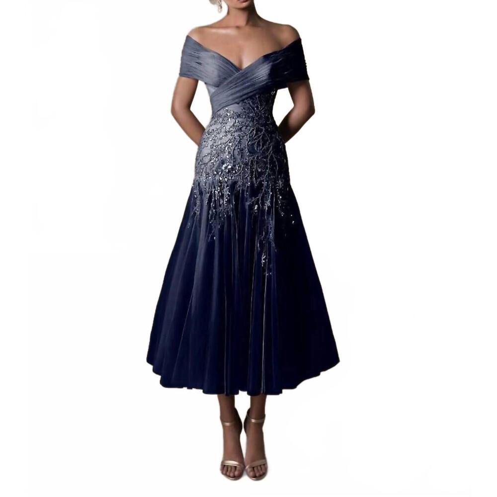 NEW TARIK EDIZ lana off the shoulder tea-length dress in navy